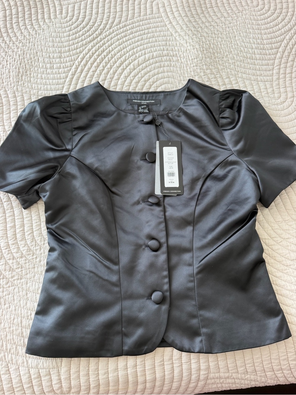 French Connection Black Satin Puff Sleeve Button Front Top Blouse Size 6